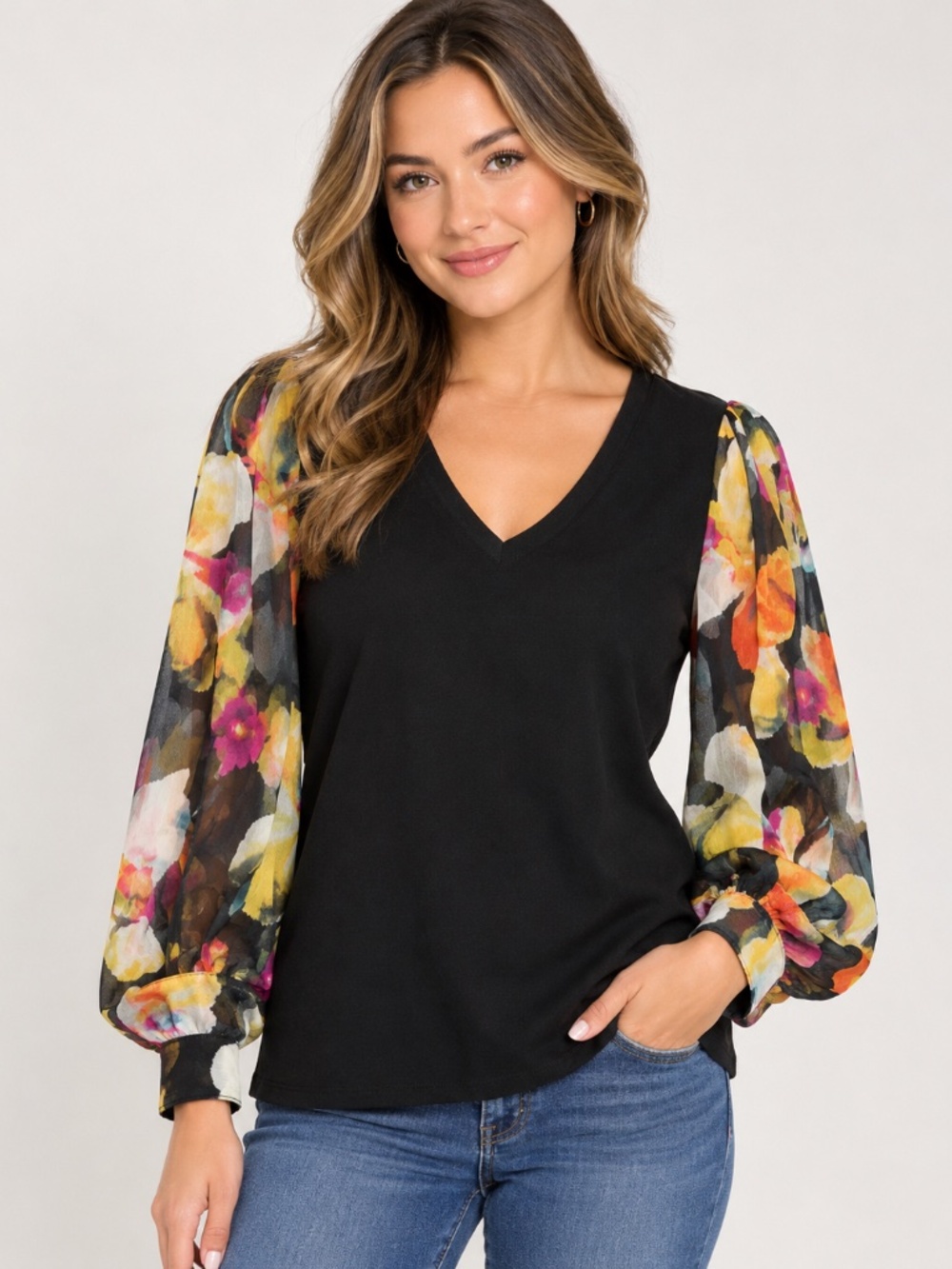 Woman's Chico's Black V-Neck Top with Floral Sheer Balloon Sleeves Medium